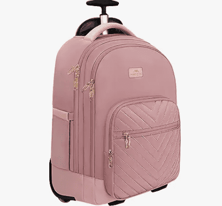 pink travel backpack with wheels