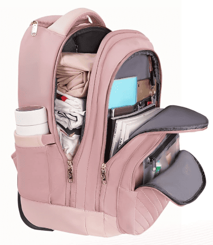 rucksack with wheels open to show compartments